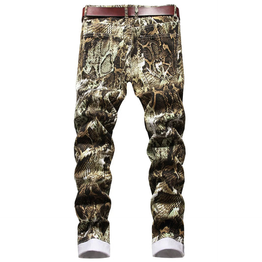 Jeans for Men Hip Hop Printed Snakeskin Pencil Pants Slim Fit Colored Stretch Mid Waist Washed Denim Ankle Length Trousers