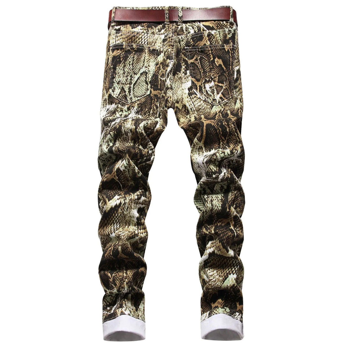Jeans for Men Hip Hop Printed Snakeskin Pencil Pants Slim Fit Colored Stretch Mid Waist Washed Denim Ankle Length Trousers