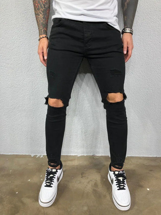 Men's Jeans Streetwear Ripped Skinny Hip Hop Man Fashion Estroyed Oversize Pants Solid Color Male Stretch Casual Denim Trousers