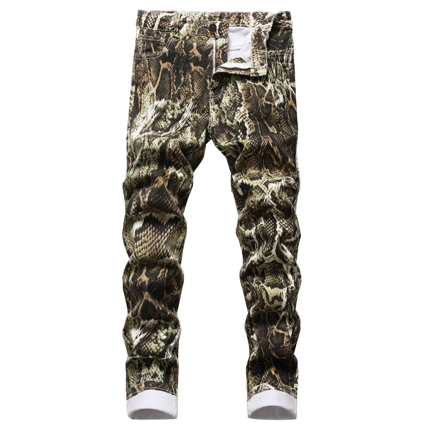 Jeans for Men Hip Hop Printed Snakeskin Pencil Pants Slim Fit Colored Stretch Mid Waist Washed Denim Ankle Length Trousers
