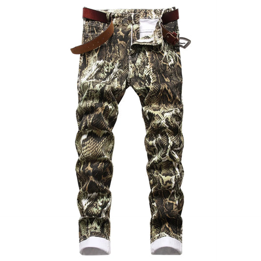 Jeans for Men Hip Hop Printed Snakeskin Pencil Pants Slim Fit Colored Stretch Mid Waist Washed Denim Ankle Length Trousers